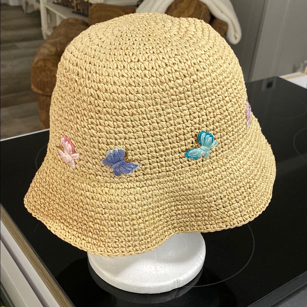 Kids Straw Hat with Colorful Butterfly Embroidery
